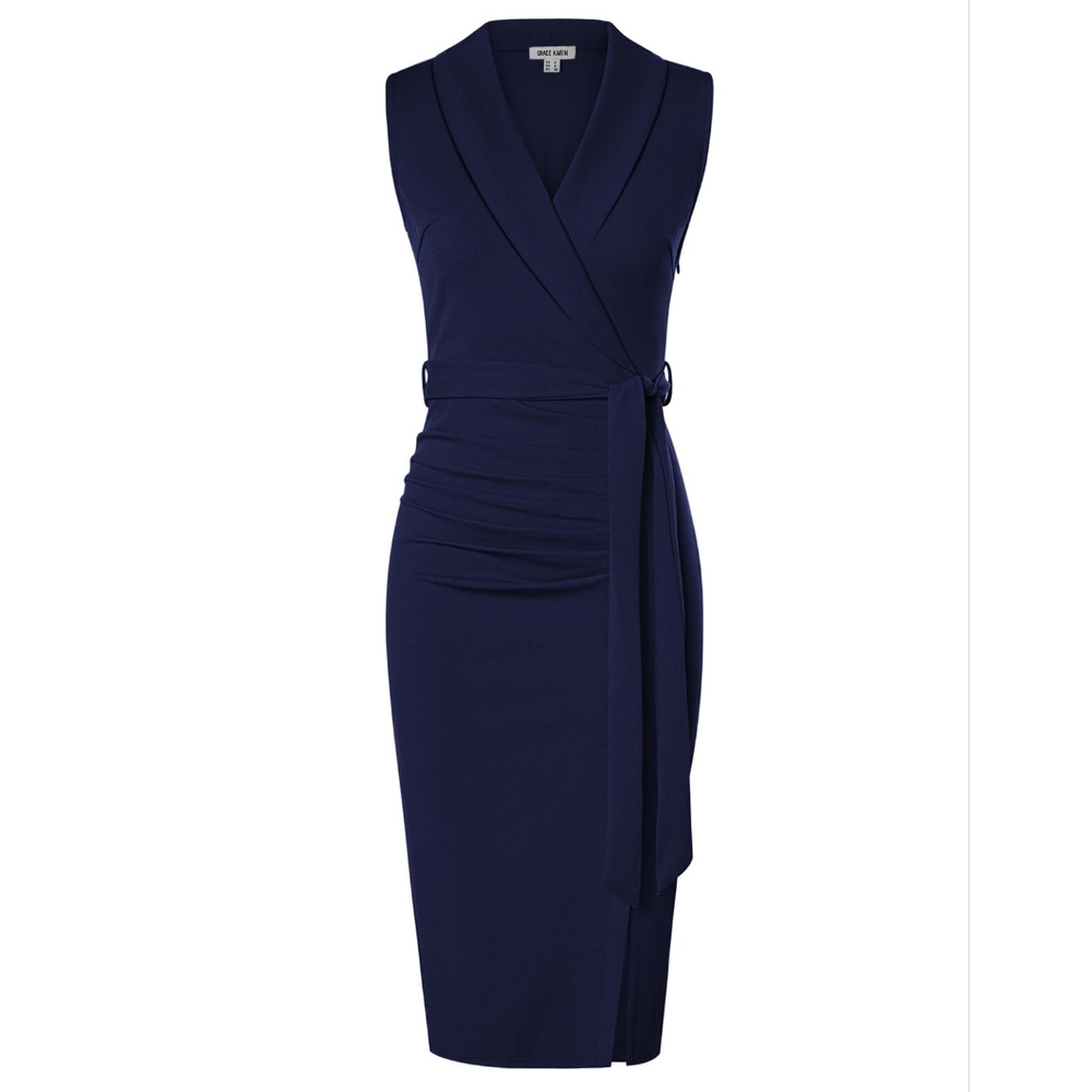 Sleeveless Ruched Bodycon Dresses Waist Belt Wrap Sheath Dress Navy Blue, 14